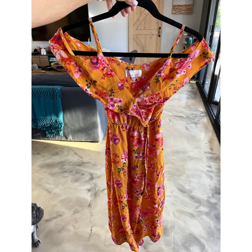 Scooter Brown Mustard Yellow Floral Cold Shoulder Midi Dress Size 7